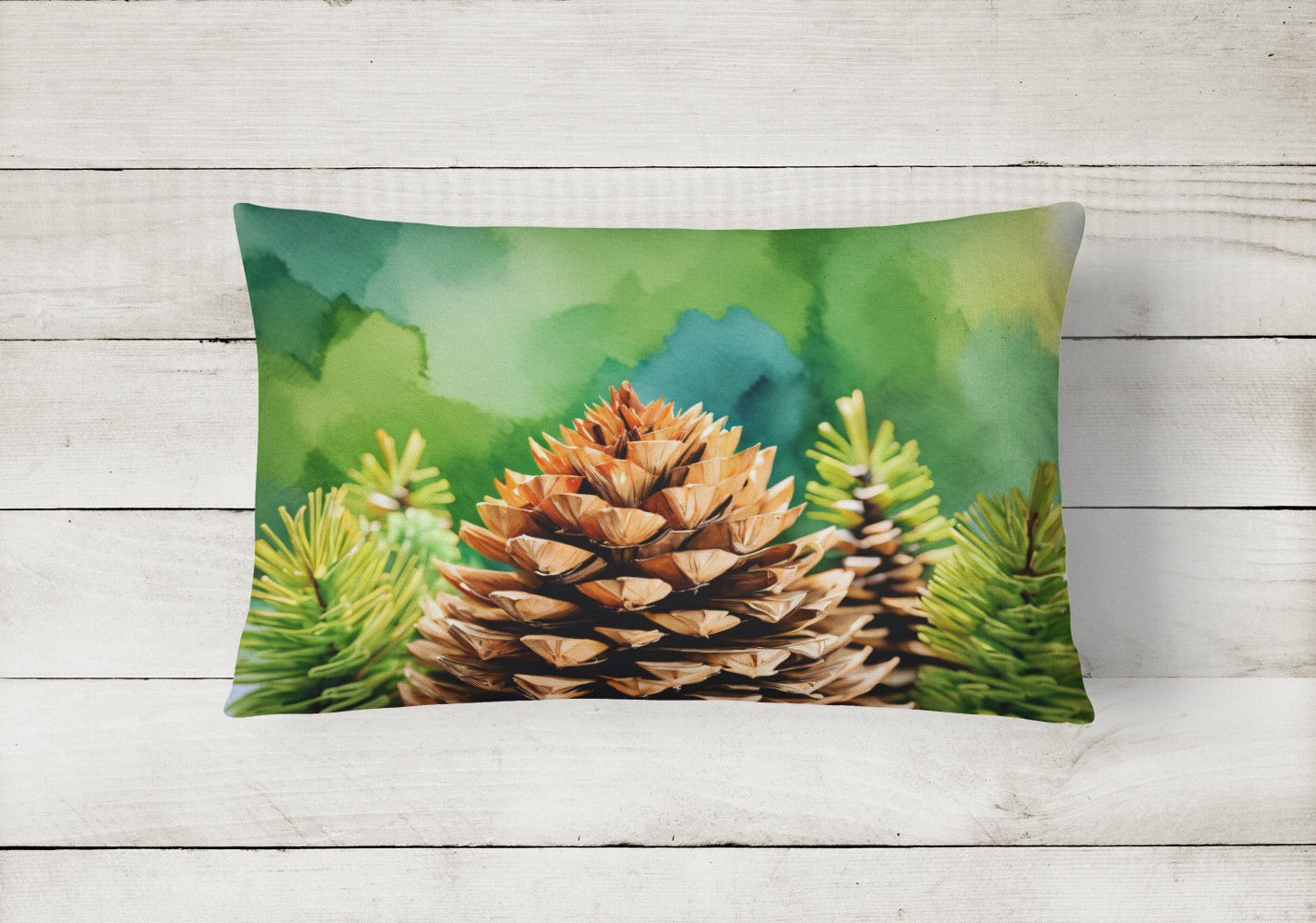 Maine White Pine Cone and Tassels in Watercolor Fabric Decorative Pillow DAC1664PW1216