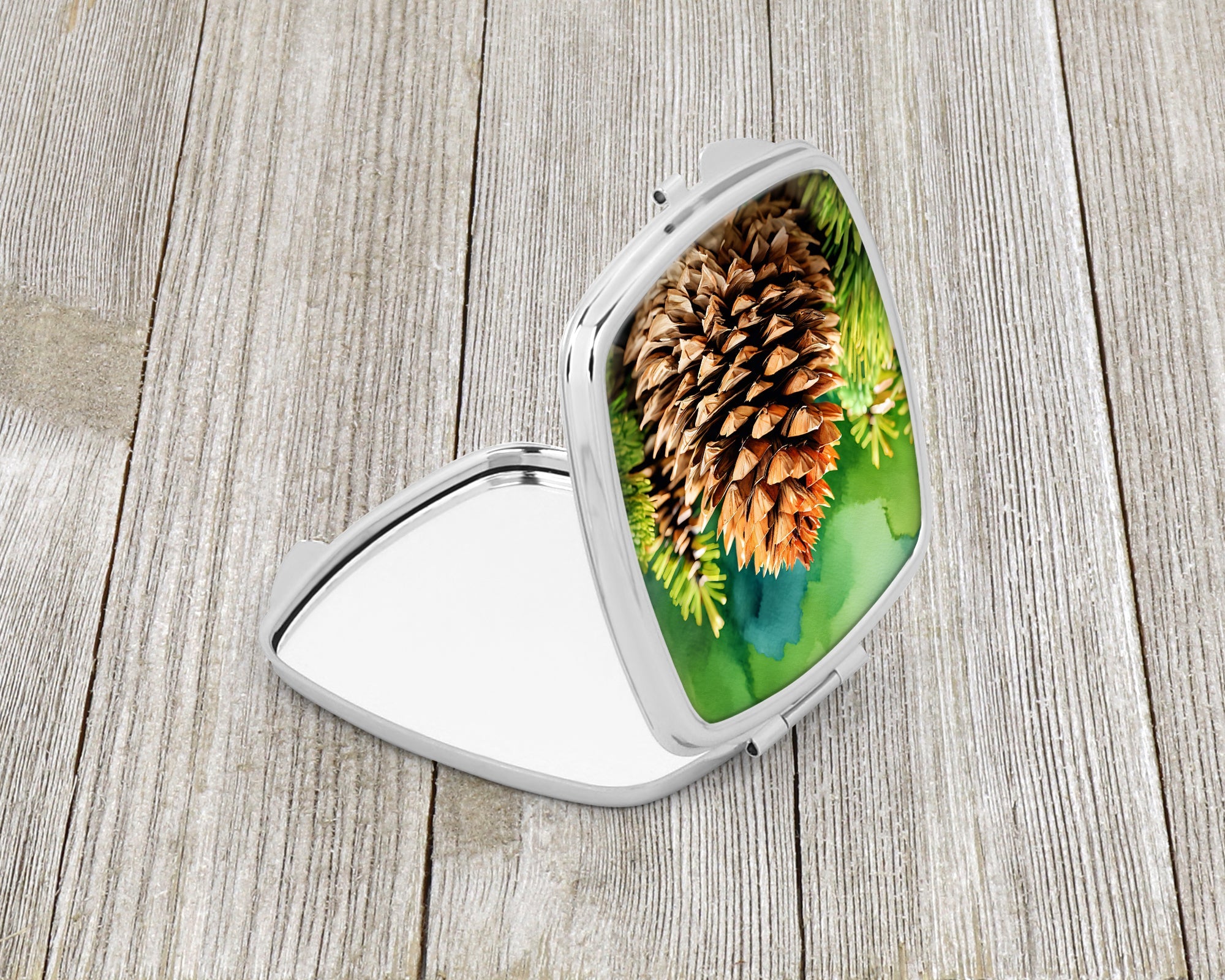 Maine White Pine Cone and Tassels in Watercolor Compact Mirror Decorative Travel Makeup Mirror for Women Girls Gifts Pocket Makeup Mirror Folding Handheld
