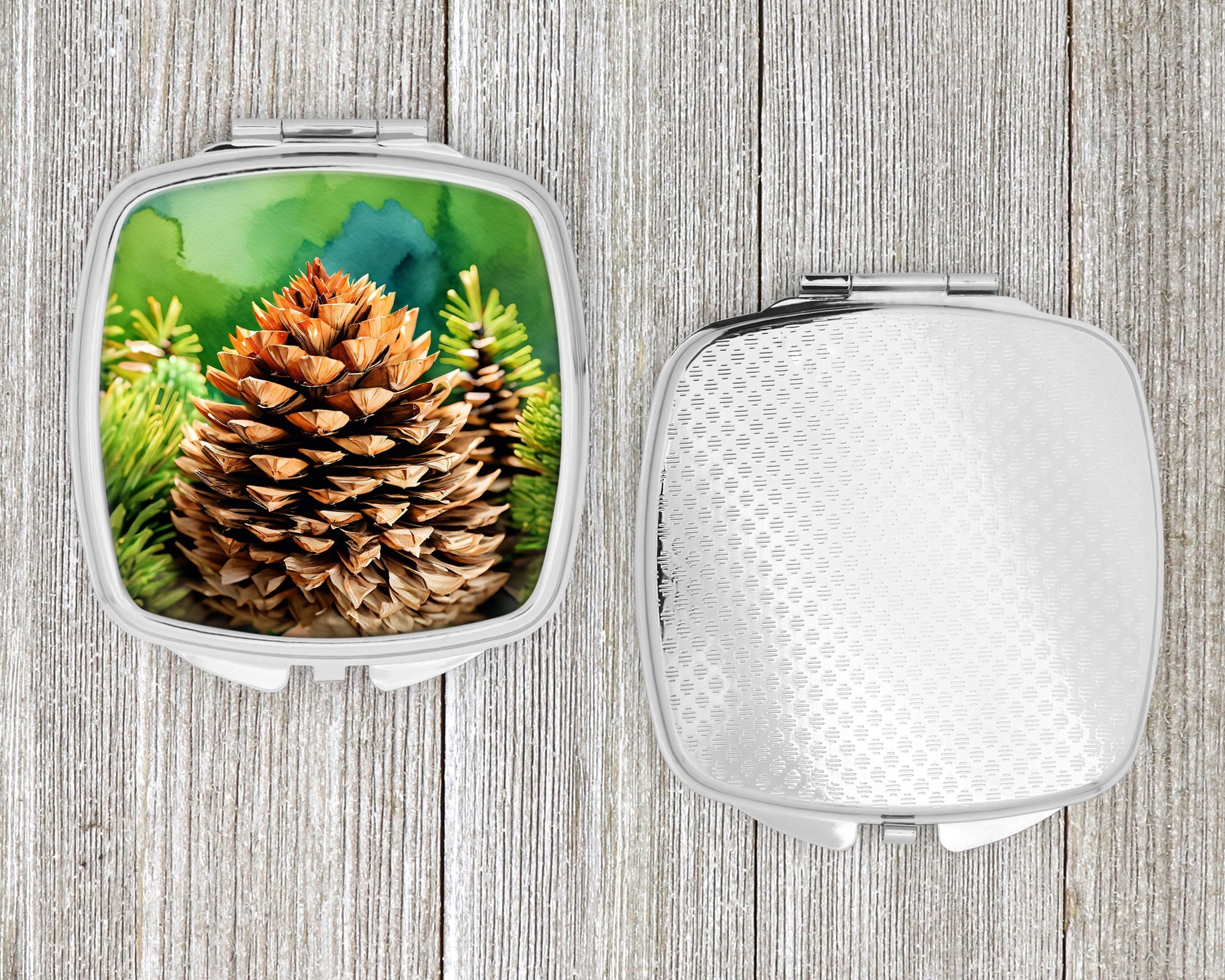 Maine White Pine Cone and Tassels in Watercolor Compact Mirror Decorative Travel Makeup Mirror for Women Girls Gifts Pocket Makeup Mirror Folding Handheld