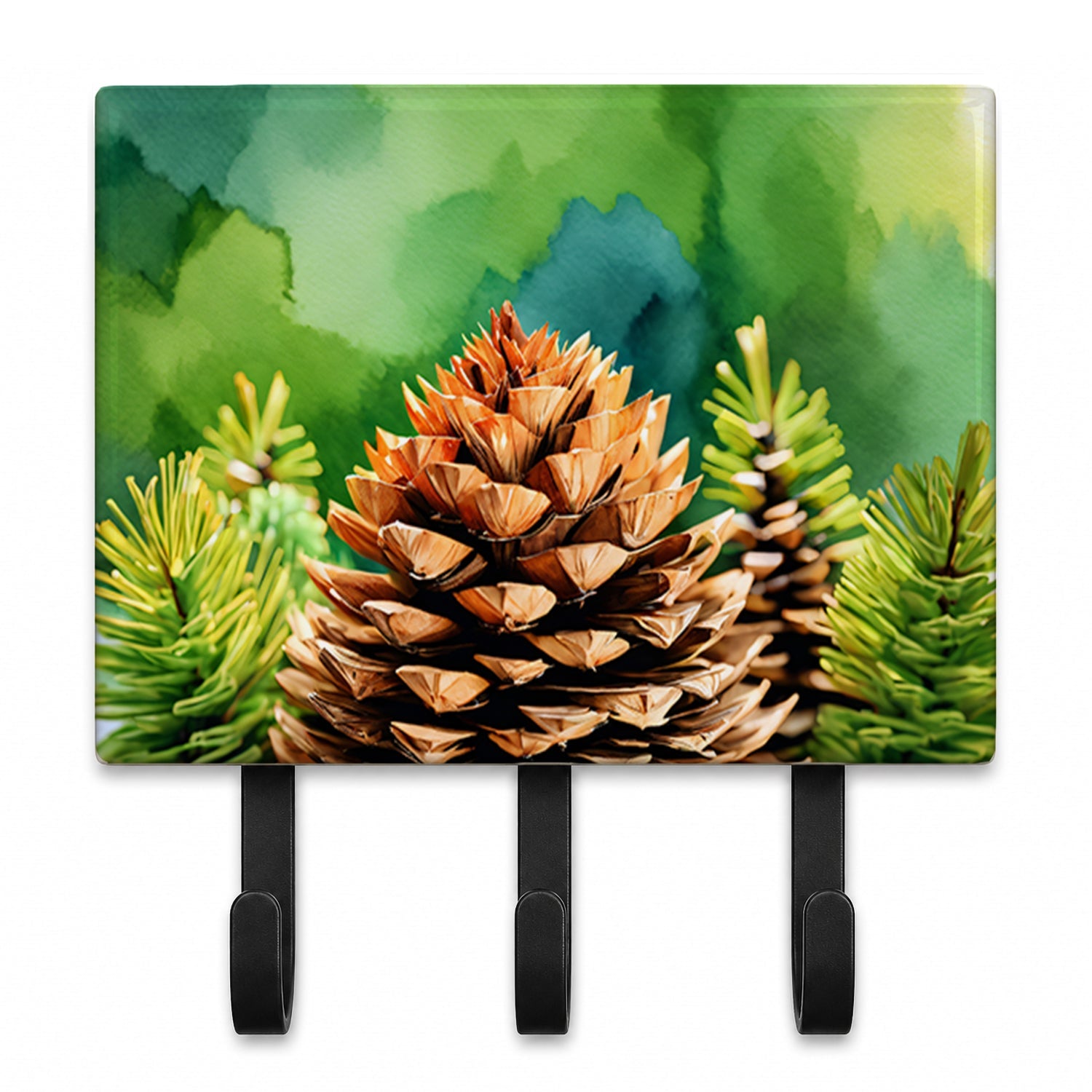 Maine White Pine Cone and Tassels in Watercolor Leash or Key Holder Wall Hooks, Coat Rack Wall Mount, for Hanging Keys, Towels, Aprons, Leashes
