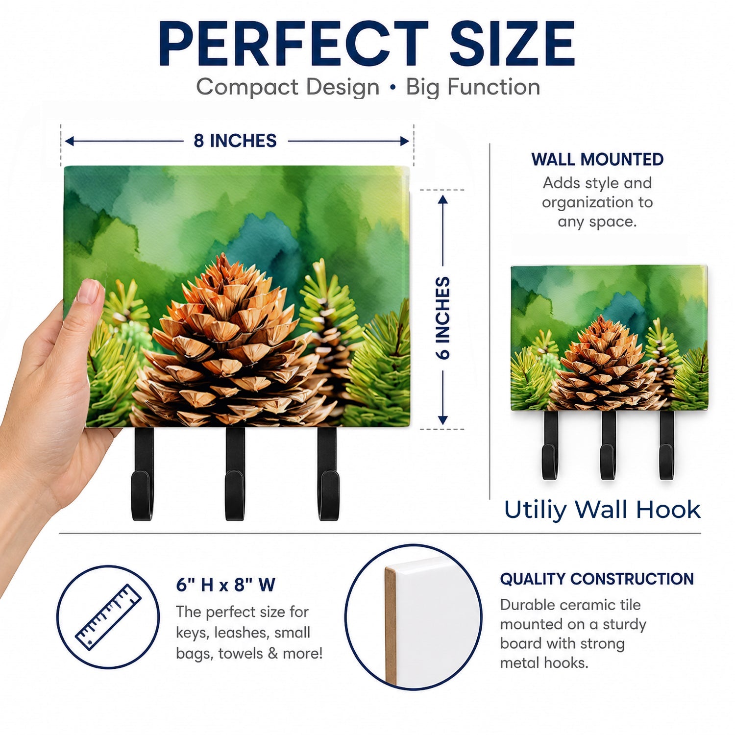 Maine White Pine Cone and Tassels in Watercolor Leash or Key Holder Wall Hooks, Coat Rack Wall Mount, for Hanging Keys, Towels, Aprons, Leashes