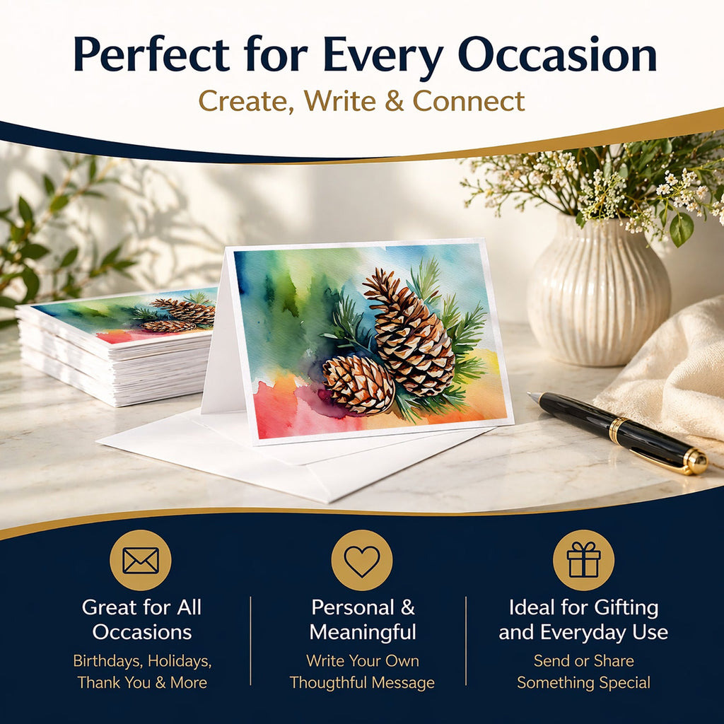 Maine White Pine Cone and Tassels in Watercolor Greeting Cards Pack of 8 Blank Cards with Envelopes Whimsical A7 Size 5x7