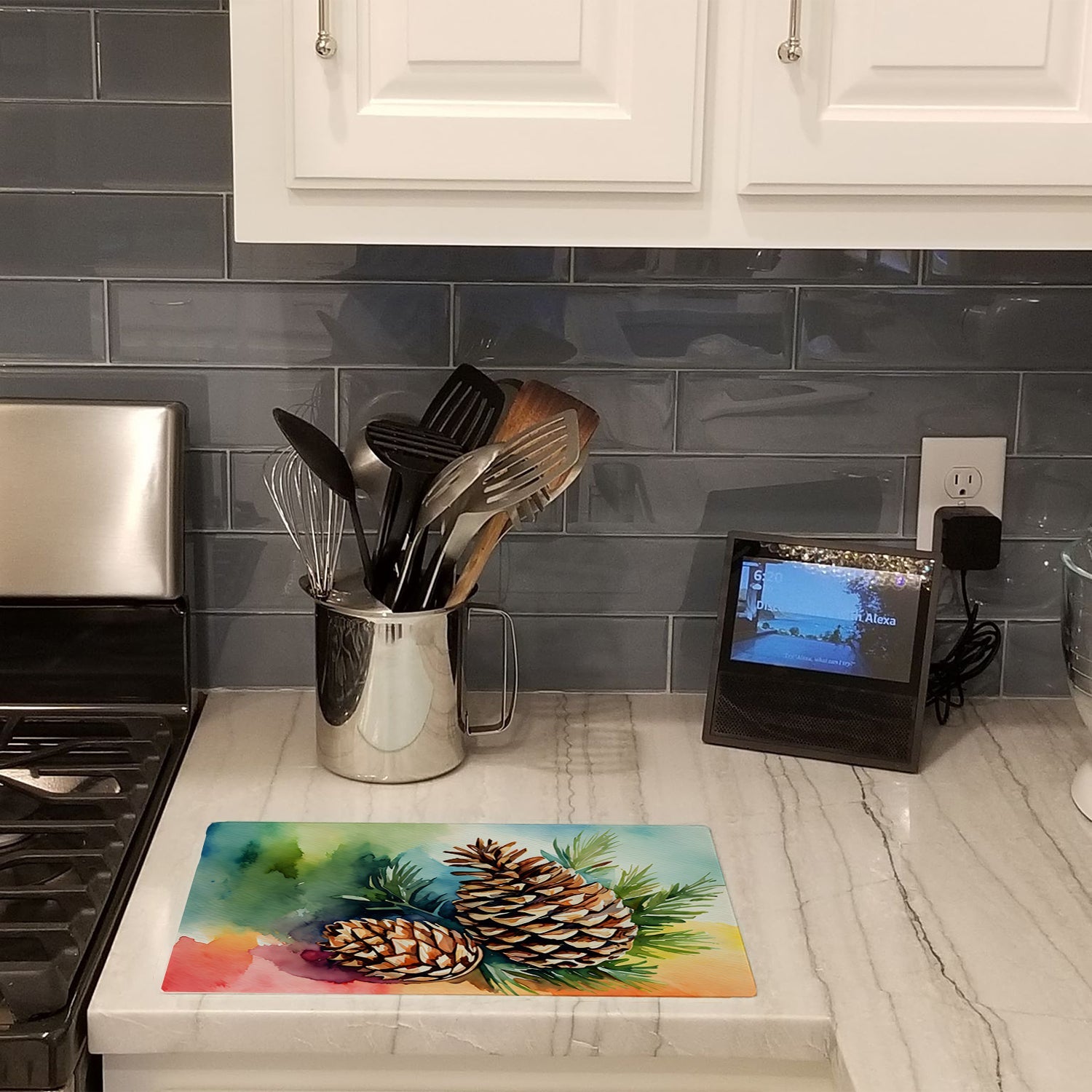Maine White Pine Cone and Tassels in Watercolor Cutting Board Tempered Glass Kitchen Surface, Heat Resistant Chopping with Non-Slip Feet,Food Prep & Serving