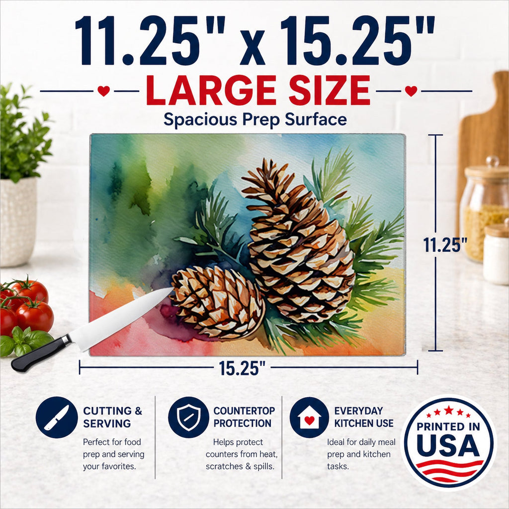 Maine White Pine Cone and Tassels in Watercolor Cutting Board Tempered Glass Kitchen Surface, Heat Resistant Chopping with Non-Slip Feet,Food Prep & Serving