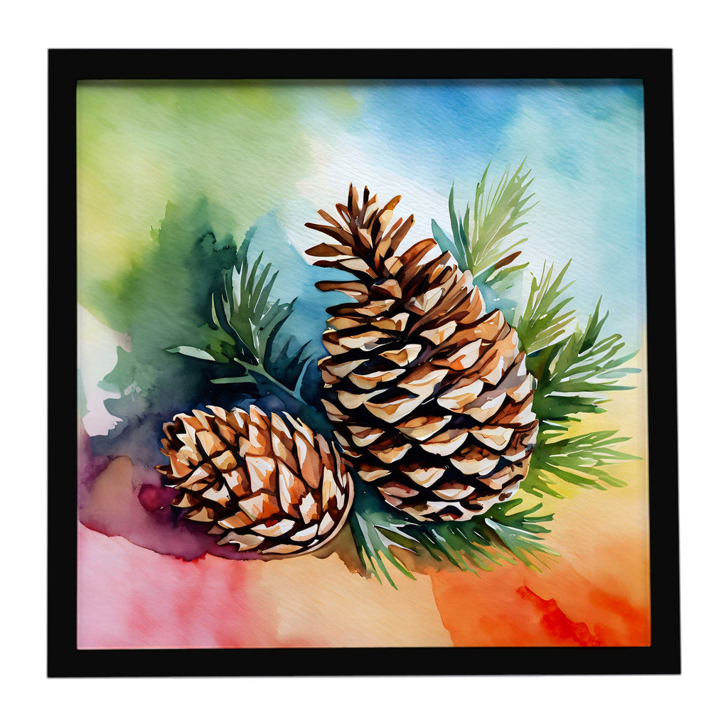 Maine White Pine Cone and Tassels in Watercolor Framed Metal Print Bathroom, Kitchen, Office, Home Decor Wall Art Ready to Hang, Square, 8X8