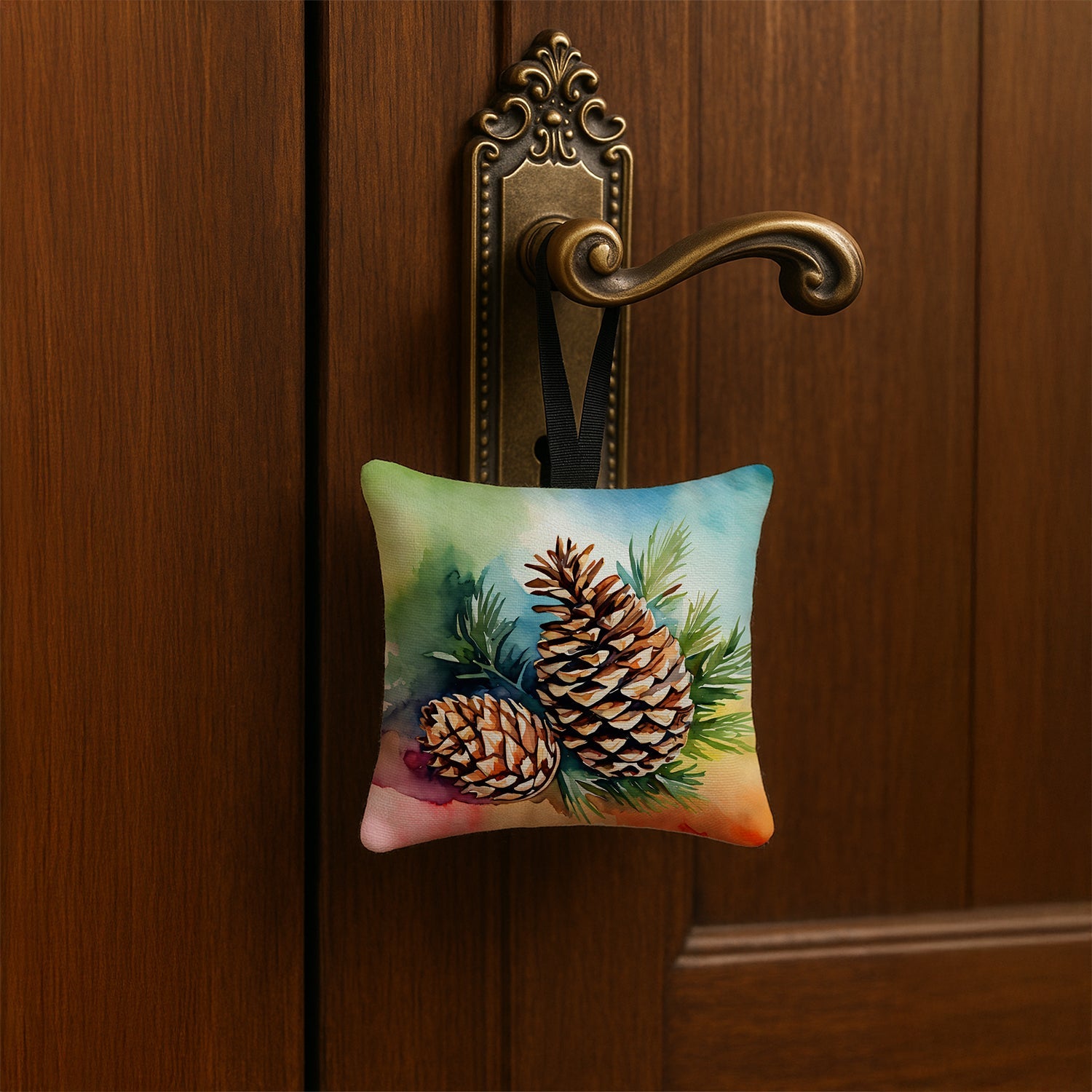 Maine White Pine Cone and Tassels in Watercolor Hanging Square Fabric Ornament 3.5 × 3.5 Decorative Door-Knob & Tree Hanger, Soft Fabric