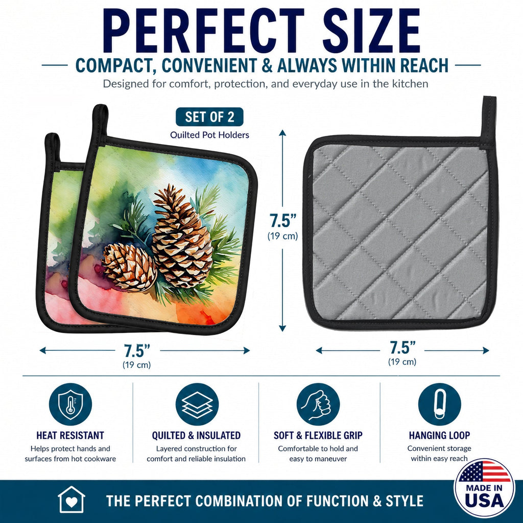Maine White Pine Cone and Tassels in Watercolor Pot Holder Set of 2 Heat Resistant Quilted Hot Pads 7.5 x 7.5 Inch, Insulated Kitchen Trivets for Cooking & Baking