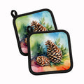 Maine White Pine Cone and Tassels in Watercolor Pot Holder Set of 2 Heat Resistant Quilted Hot Pads 7.5 x 7.5 Inch, Insulated Kitchen Trivets for Cooking & Baking