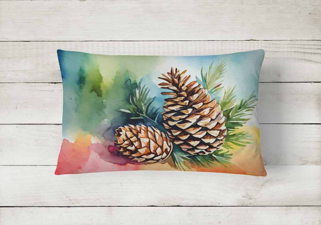 Maine White Pine Cone and Tassels in Watercolor Decorative Throw Pillow 12x16 Indoor Outdoor Accent Cushion, Fabric Cover with Insert for Sofa, Bed, Porch & Living Room