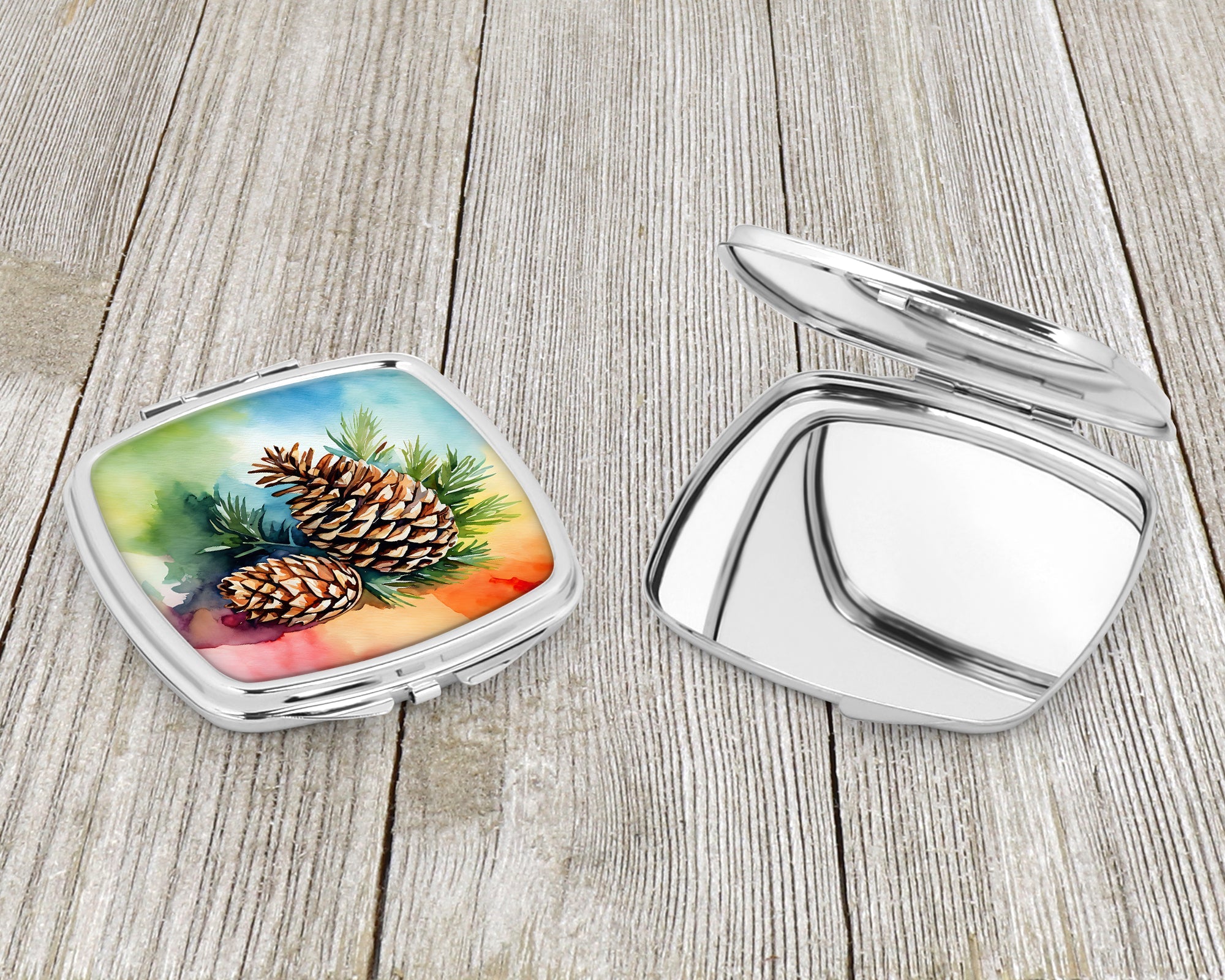 Maine White Pine Cone and Tassels in Watercolor Compact Mirror Decorative Travel Makeup Mirror for Women Girls Gifts Pocket Makeup Mirror Folding Handheld