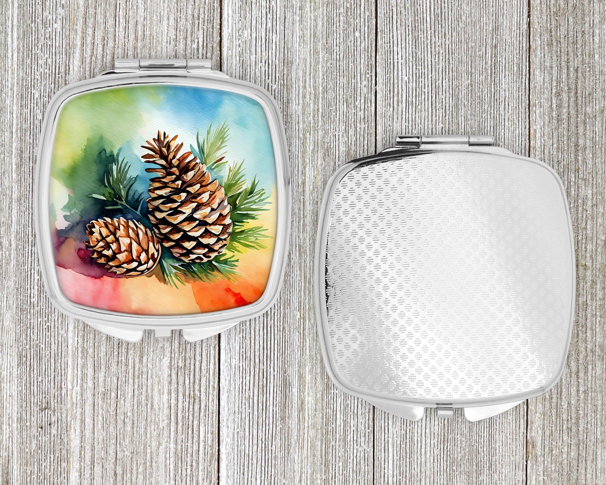 Maine White Pine Cone and Tassels in Watercolor Compact Mirror Decorative Travel Makeup Mirror for Women Girls Gifts Pocket Makeup Mirror Folding Handheld