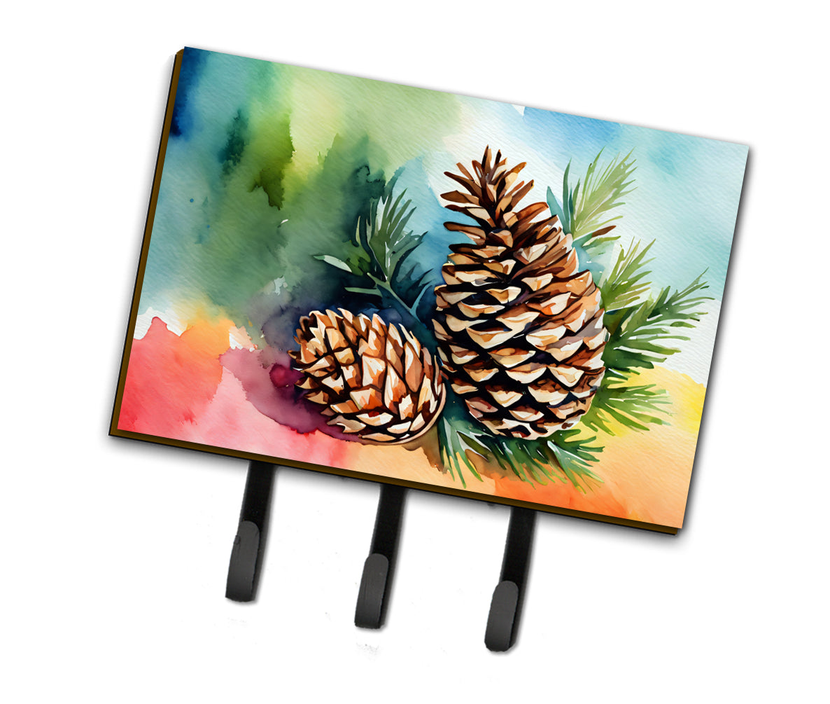 Maine White Pine Cone and Tassels in Watercolor Leash or Key Holder Wall Hooks, Coat Rack Wall Mount, for Hanging Keys, Towels, Aprons, Leashes