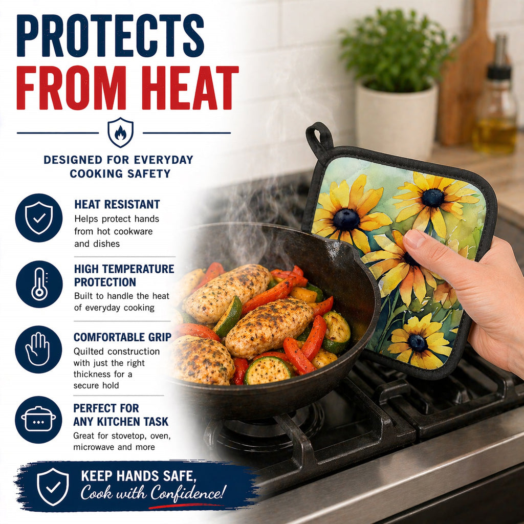 Maryland Black-Eyed Susans in Watercolor Pot Holder Set of 2 Heat Resistant Quilted Hot Pads 7.5 x 7.5 Inch, Insulated Kitchen Trivets for Cooking & Baking