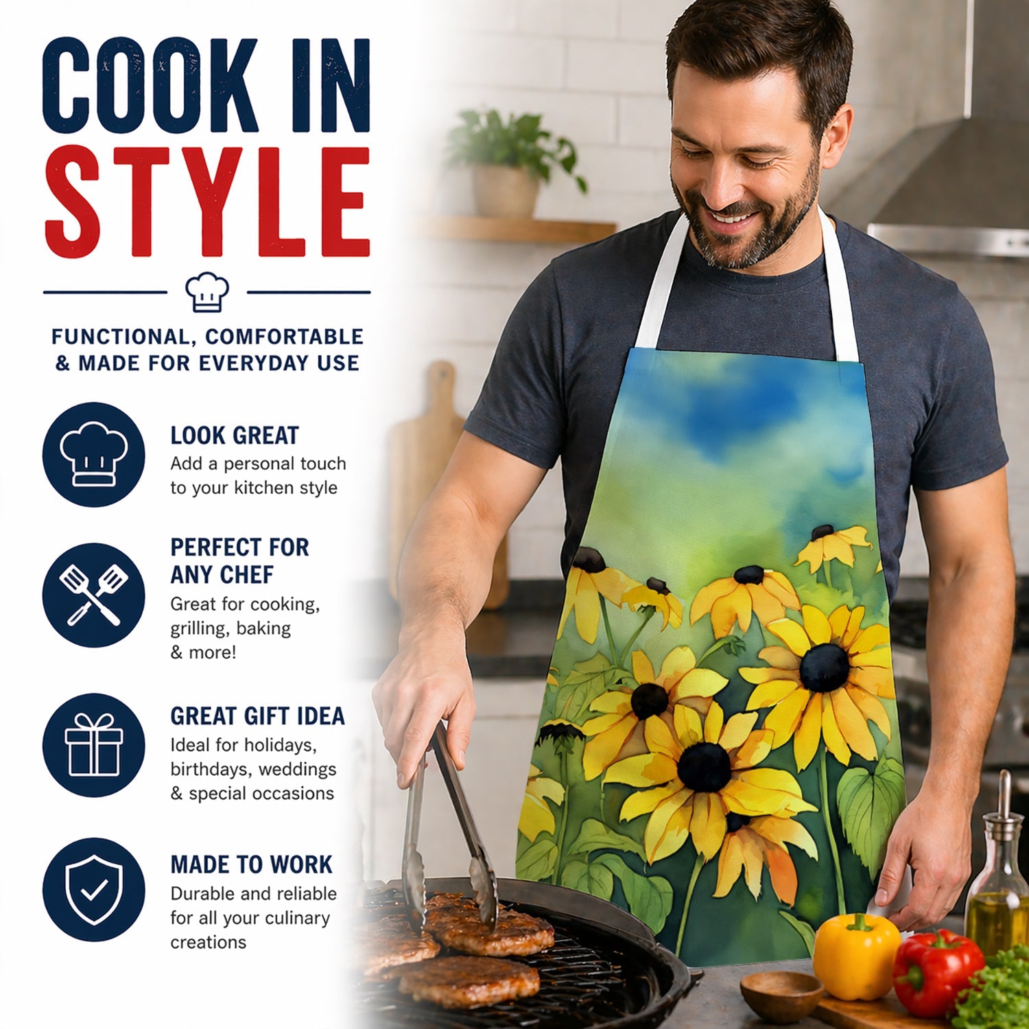 Maryland Black-Eyed Susans in Watercolor Apron Cooking Kitchen Server Baking Crafts Gardening for Adult Women Men, Unisex, Large, Multicolor