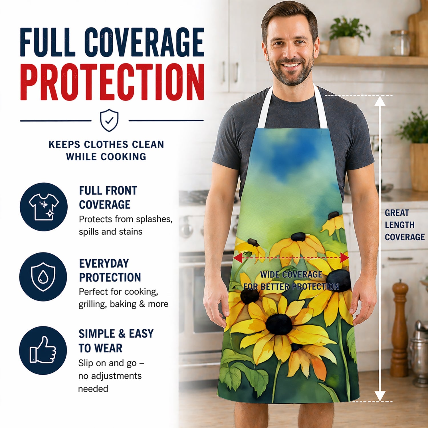 Maryland Black-Eyed Susans in Watercolor Apron Cooking Kitchen Server Baking Crafts Gardening for Adult Women Men, Unisex, Large, Multicolor