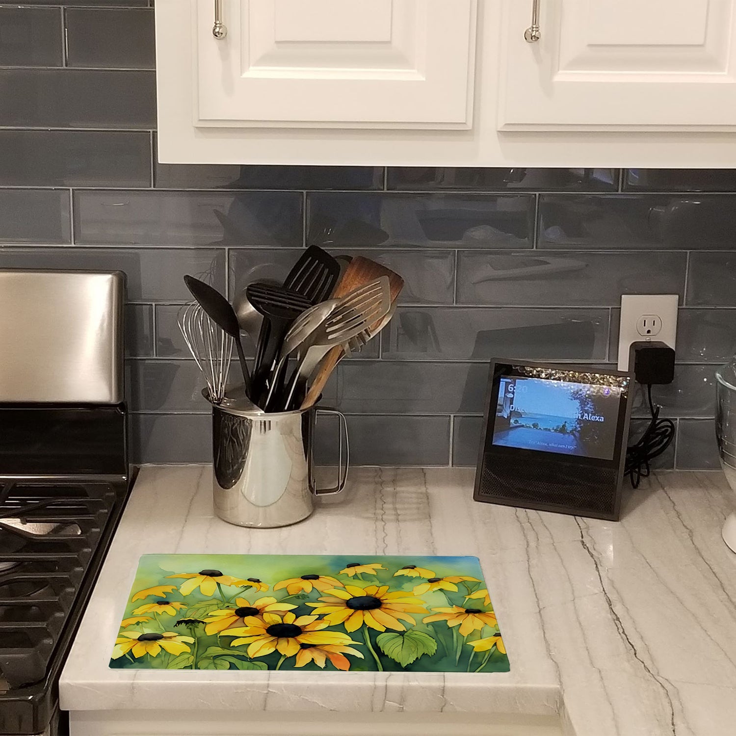 Maryland Black-Eyed Susans in Watercolor Cutting Board Tempered Glass Kitchen Cutting Surface, Heat Resistant Chopping, Non-Slip Feet, Food Prep & Serving