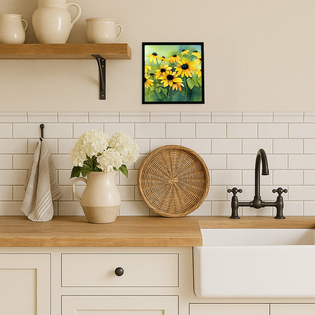 Maryland Black-Eyed Susans in Watercolor Framed Metal Print Bathroom, Kitchen, Office, Home Decor Wall Art Ready to Hang, Square, 8X8