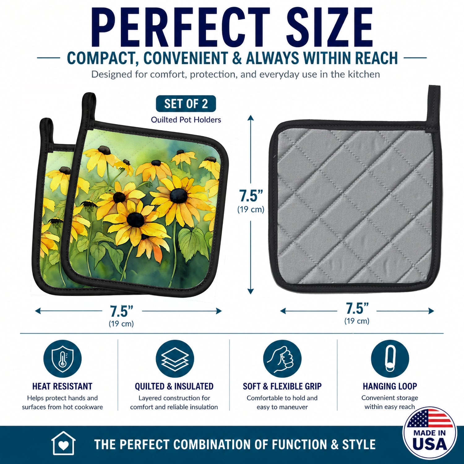 Maryland Black-Eyed Susans in Watercolor Pot Holder Set of 2 Heat Resistant Quilted Hot Pads 7.5 x 7.5 Inch, Insulated Kitchen Trivets for Cooking & Baking