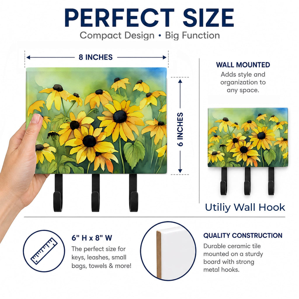 Maryland Black-Eyed Susans in Watercolor Leash or Key Holder Wall Hooks, Coat Rack Wall Mount, for Hanging Keys, Towels, Aprons, Leashes