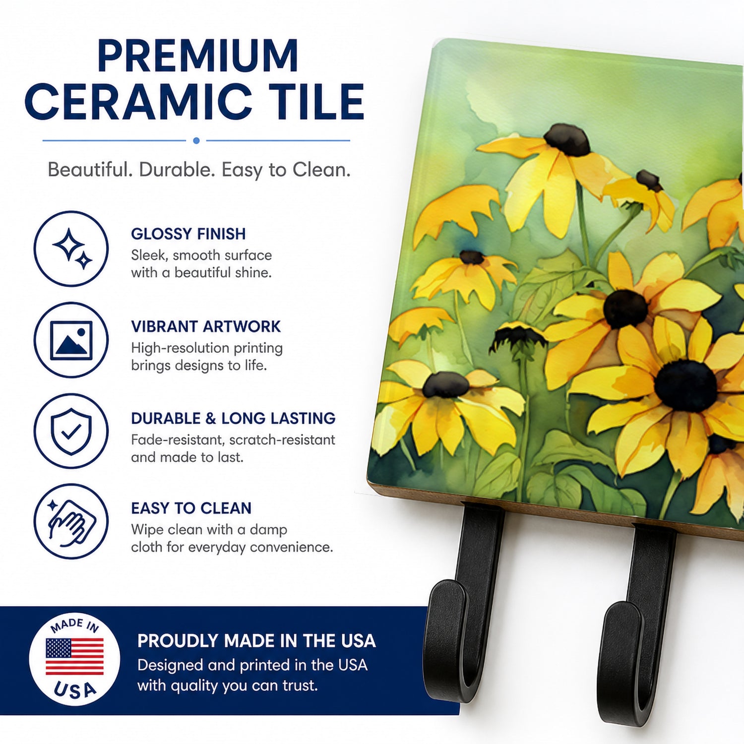 Maryland Black-Eyed Susans in Watercolor Leash or Key Holder Wall Hooks, Coat Rack Wall Mount, for Hanging Keys, Towels, Aprons, Leashes