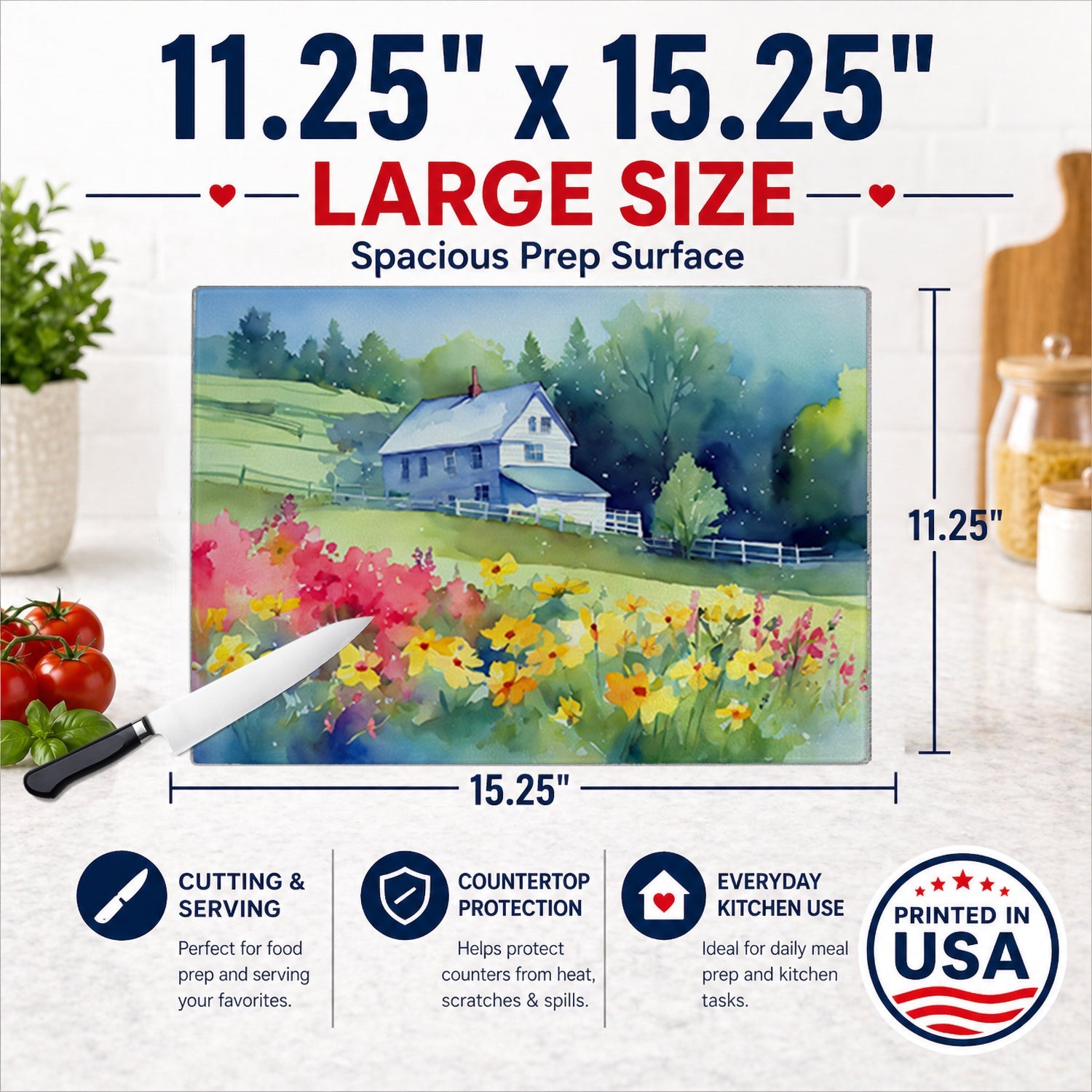 Massachusetts Mayflowers in Watercolor Cutting Board Tempered Glass Kitchen Surface, Heat Resistant Chopping with Non-Slip Feet,Food Prep & Serving