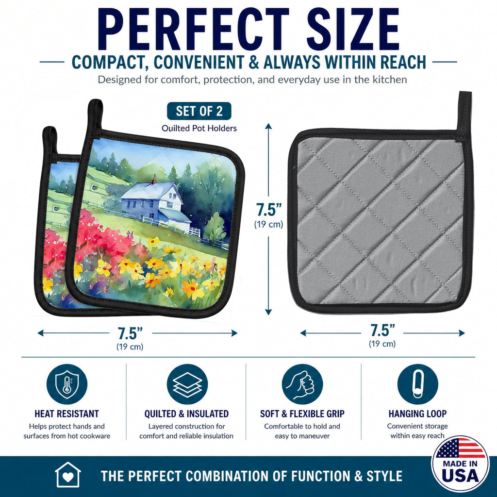 Massachusetts Mayflowers in Watercolor Pot Holder Set of 2 Heat Resistant Quilted Hot Pads 7.5 x 7.5 Inch, Insulated Kitchen Trivets for Cooking & Baking