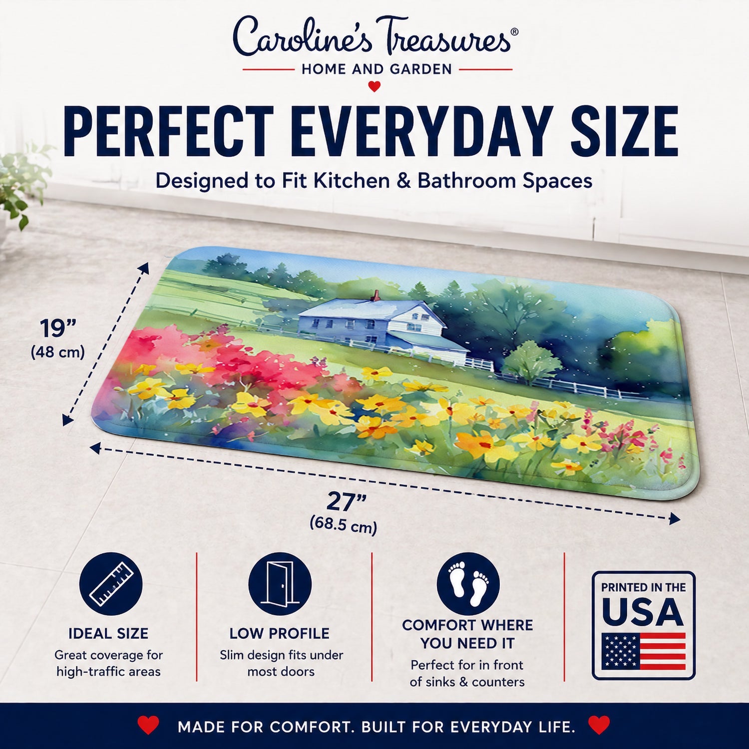 Massachusetts Mayflowers in Watercolor Memory Foam Kitchen Mat Machine Washable Anti-Fatigue Cushion Comfort Bath or Kitchen Rug