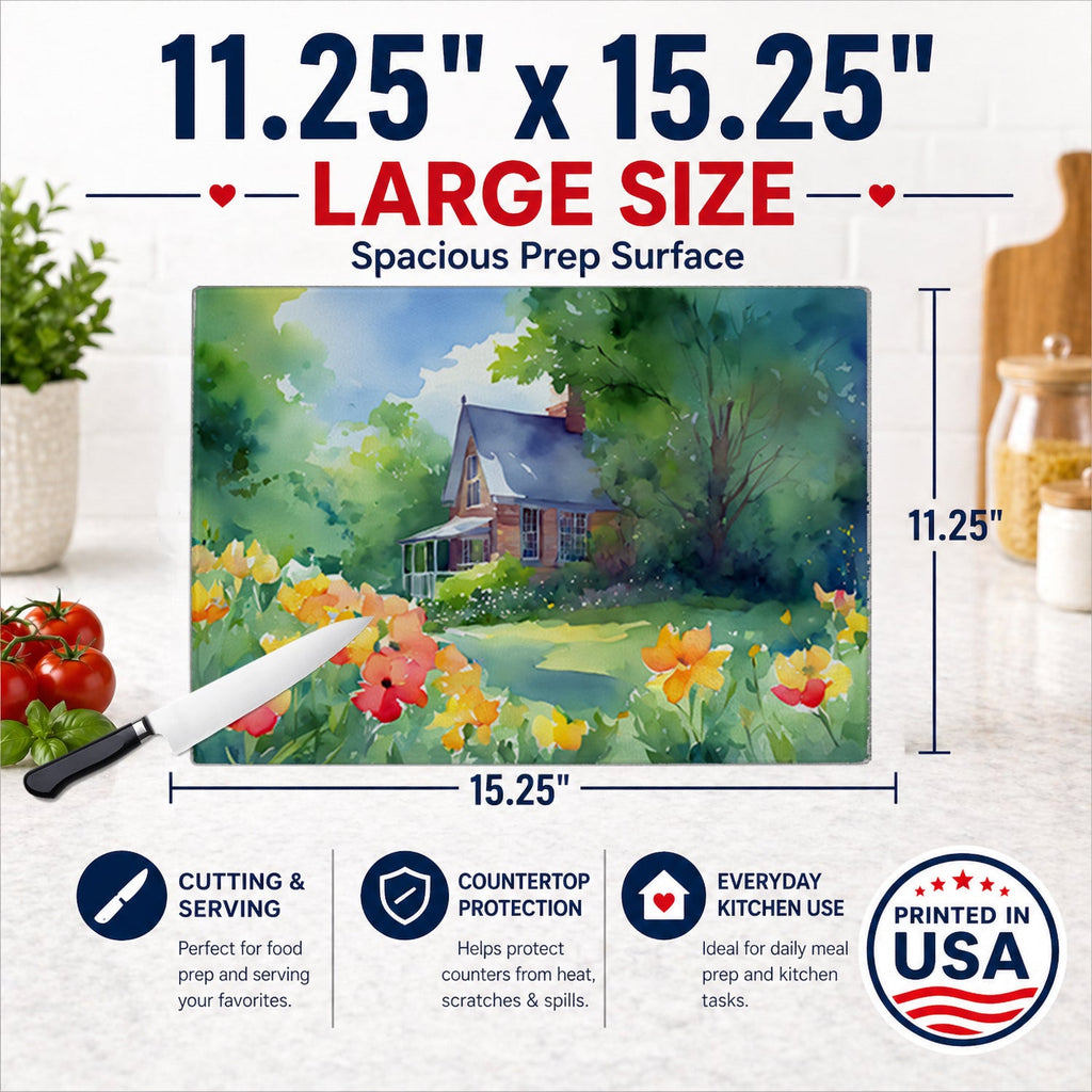 Massachusetts Mayflowers in Watercolor Cutting Board Tempered Glass Kitchen Cutting Surface, Heat Resistant Chopping, Non-Slip Feet, Food Prep & Serving