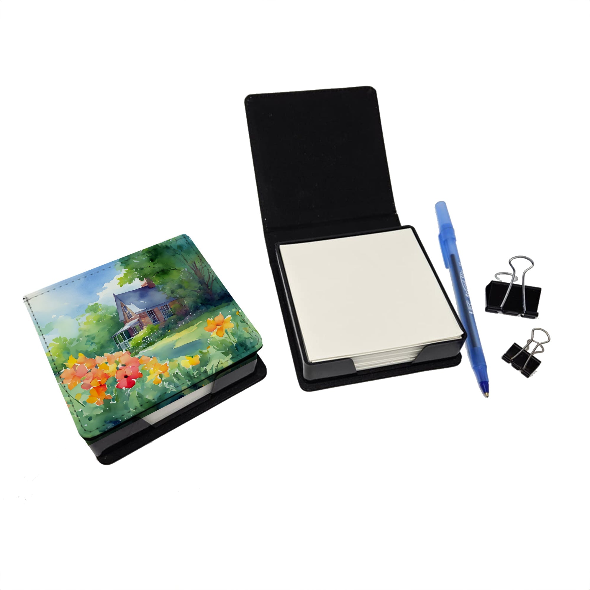 Massachusetts Mayflowers in Watercolor PU Leather Note Paper Holder with Artist-Designed Cover, Desk Accessory, Office Gift