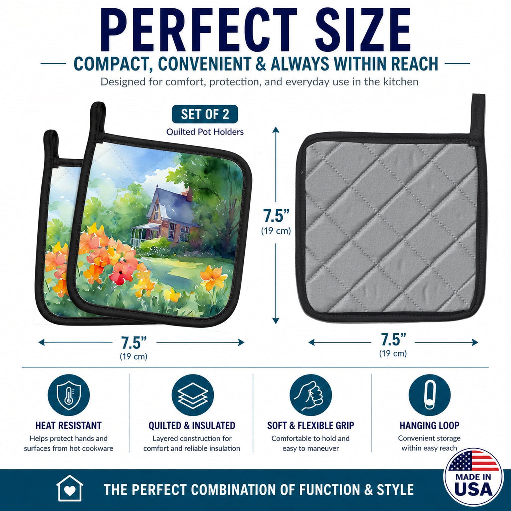 Massachusetts Mayflowers in Watercolor Pot Holder Set of 2 Heat Resistant Quilted Hot Pads 7.5 x 7.5 Inch, Insulated Kitchen Trivets for Cooking & Baking