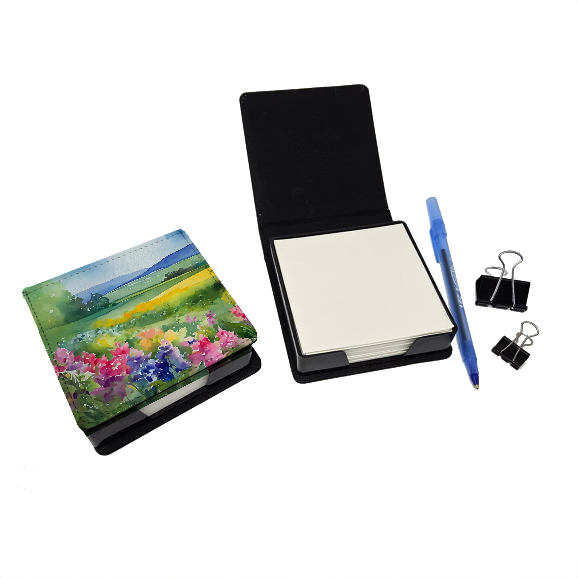 Massachusetts Mayflowers in Watercolor PU Leather Note Paper Holder with Artist-Designed Cover, Desk Accessory, Office Gift