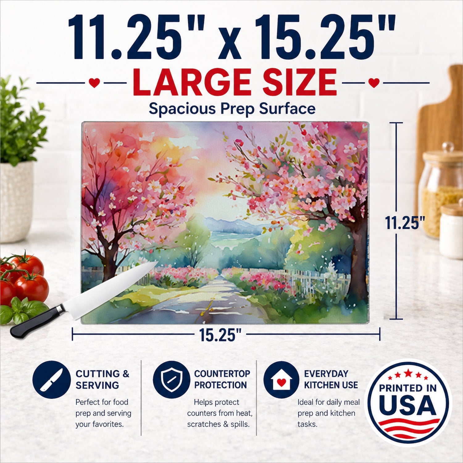 Michigan Apple Blossoms in Watercolor Cutting Board Tempered Glass Kitchen Cutting Surface, Heat Resistant Chopping, Non-Slip Feet, Food Prep & Serving
