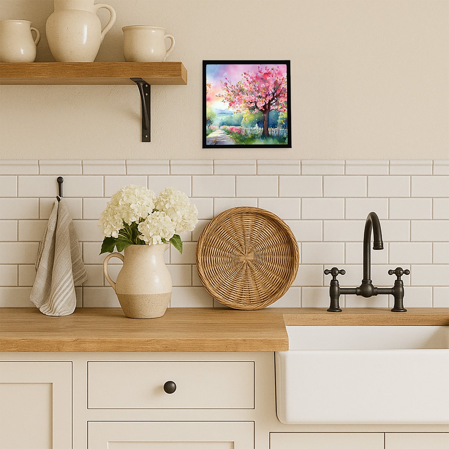 Michigan Apple Blossoms in Watercolor Framed Metal Print Bathroom, Kitchen, Office, Home Decor Wall Art Ready to Hang, Square, 8X8