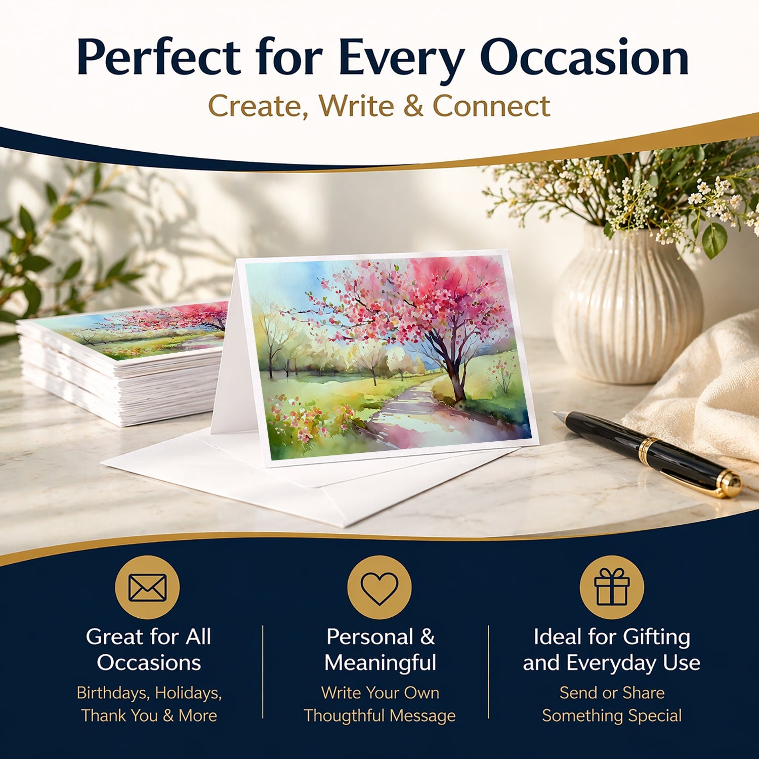 Michigan Apple Blossoms in Watercolor Greeting Cards Pack of 8 Blank Cards with Envelopes Whimsical A7 Size 5x7