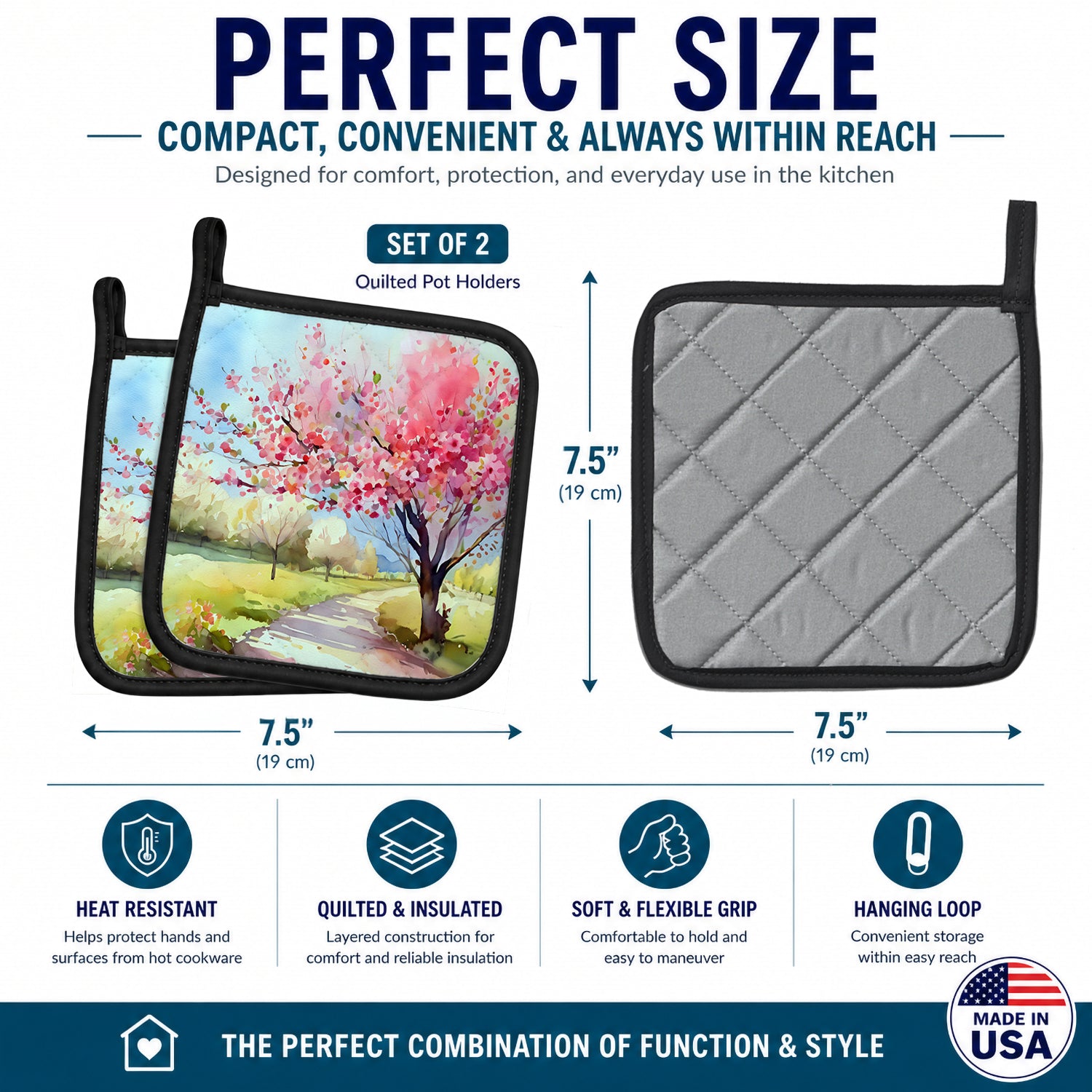 Michigan Apple Blossoms in Watercolor Pot Holder Set of 2 Heat Resistant Quilted Hot Pads 7.5 x 7.5 Inch, Insulated Kitchen Trivets for Cooking & Baking