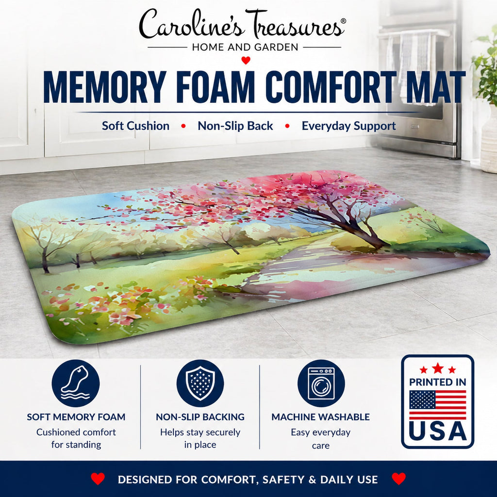 Michigan Apple Blossoms in Watercolor Memory Foam Kitchen Mat Machine Washable Anti-Fatigue Cushion Comfort Bath or Kitchen Rug