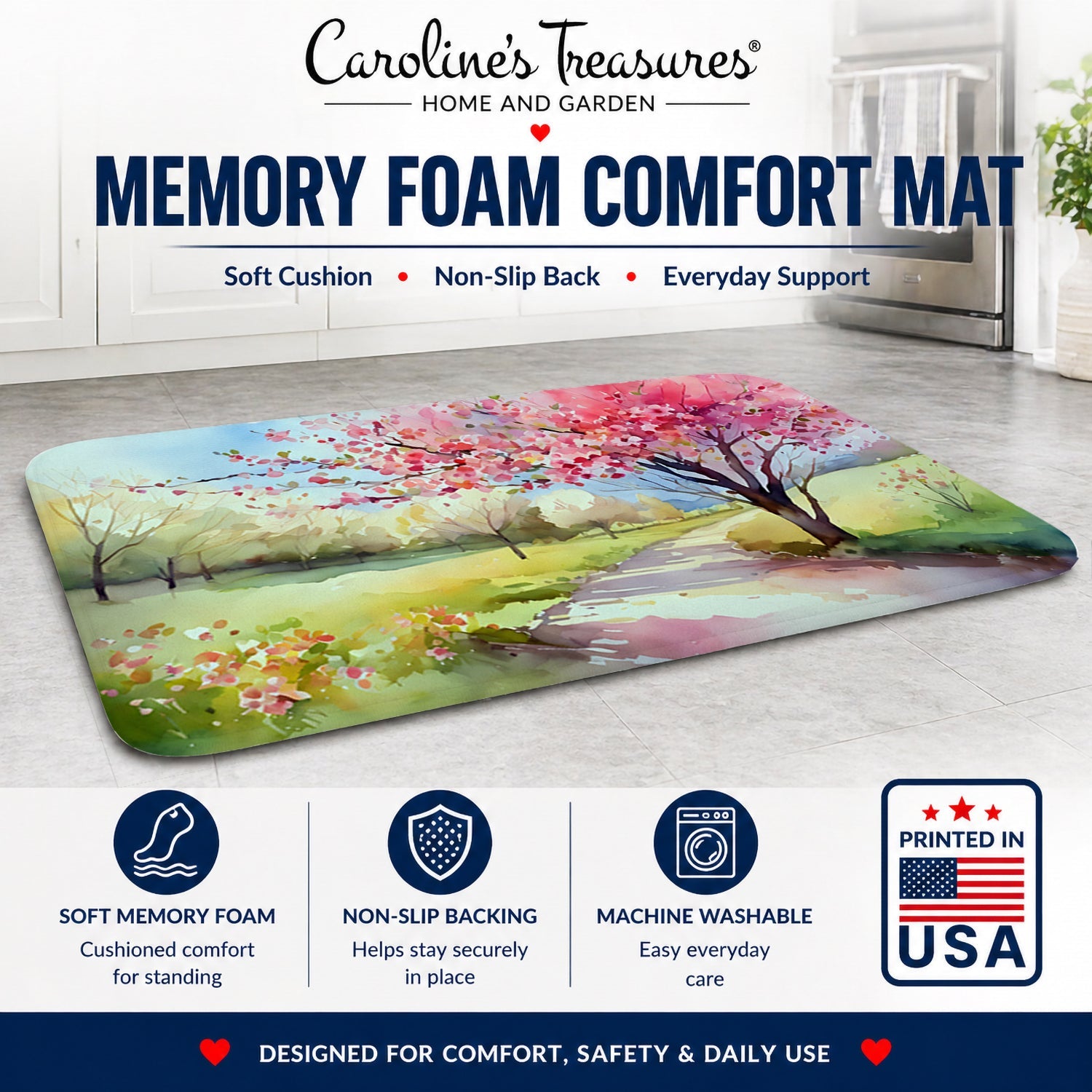Michigan Apple Blossoms in Watercolor Memory Foam Kitchen Mat Machine Washable Anti-Fatigue Cushion Comfort Bath or Kitchen Rug