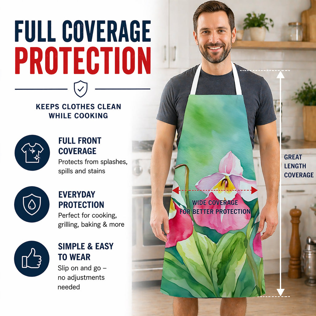 Minnesota Pink and White Lady’s Slippers in Watercolor Apron Cooking Kitchen Server Baking Crafts Gardening for Adult Women Men, Unisex, Large, Multicolor