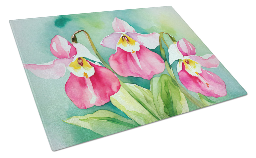Minnesota Pink and White Lady’s Slippers in Watercolor Cutting Board Tempered Glass Kitchen Cutting Surface, Heat Resistant Chopping, Non-Slip Feet, Food Prep & Serving
