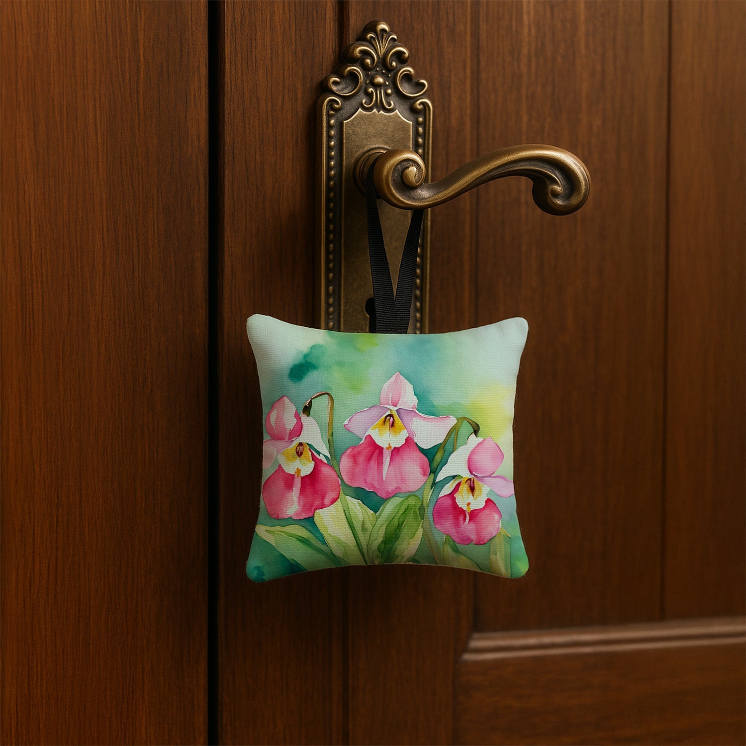 Minnesota Pink and White Lady’s Slippers in Watercolor Hanging Square Fabric Ornament 3.5 × 3.5 Decorative Door-Knob & Tree Hanger, Soft Fabric