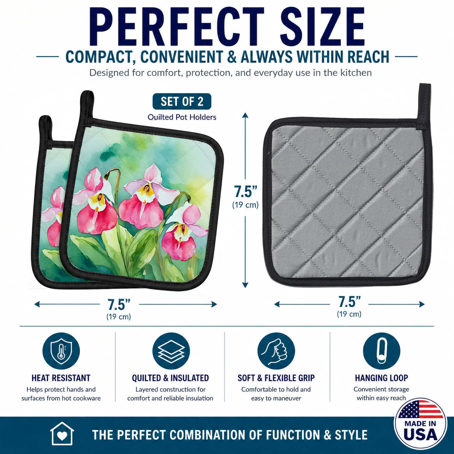 Minnesota Pink and White Lady’s Slippers in Watercolor Pot Holder Set of 2 Heat Resistant Quilted Hot Pads 7.5 x 7.5 Inch, Insulated Kitchen Trivets for Cooking & Baking
