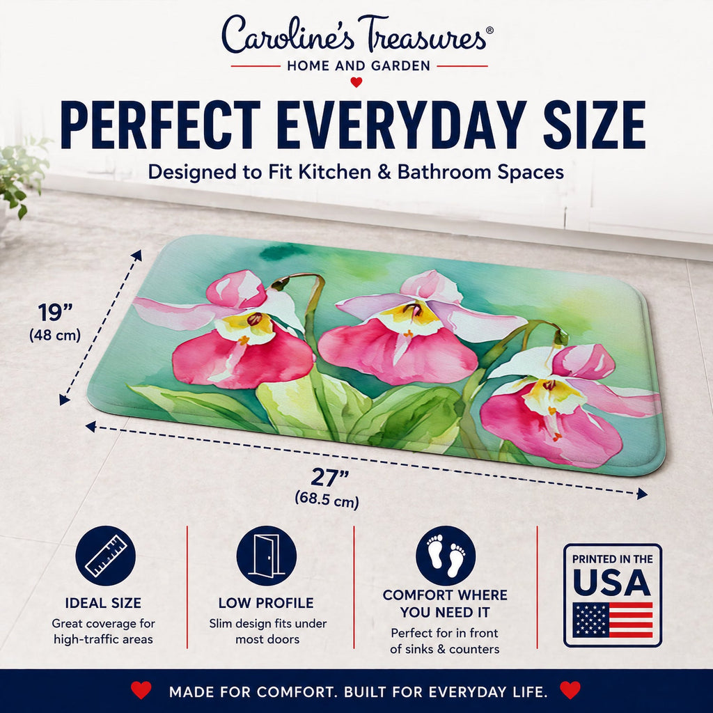 Minnesota Pink and White Lady’s Slippers in Watercolor Memory Foam Kitchen Mat Machine Washable Anti-Fatigue Cushion Comfort Bath or Kitchen Rug