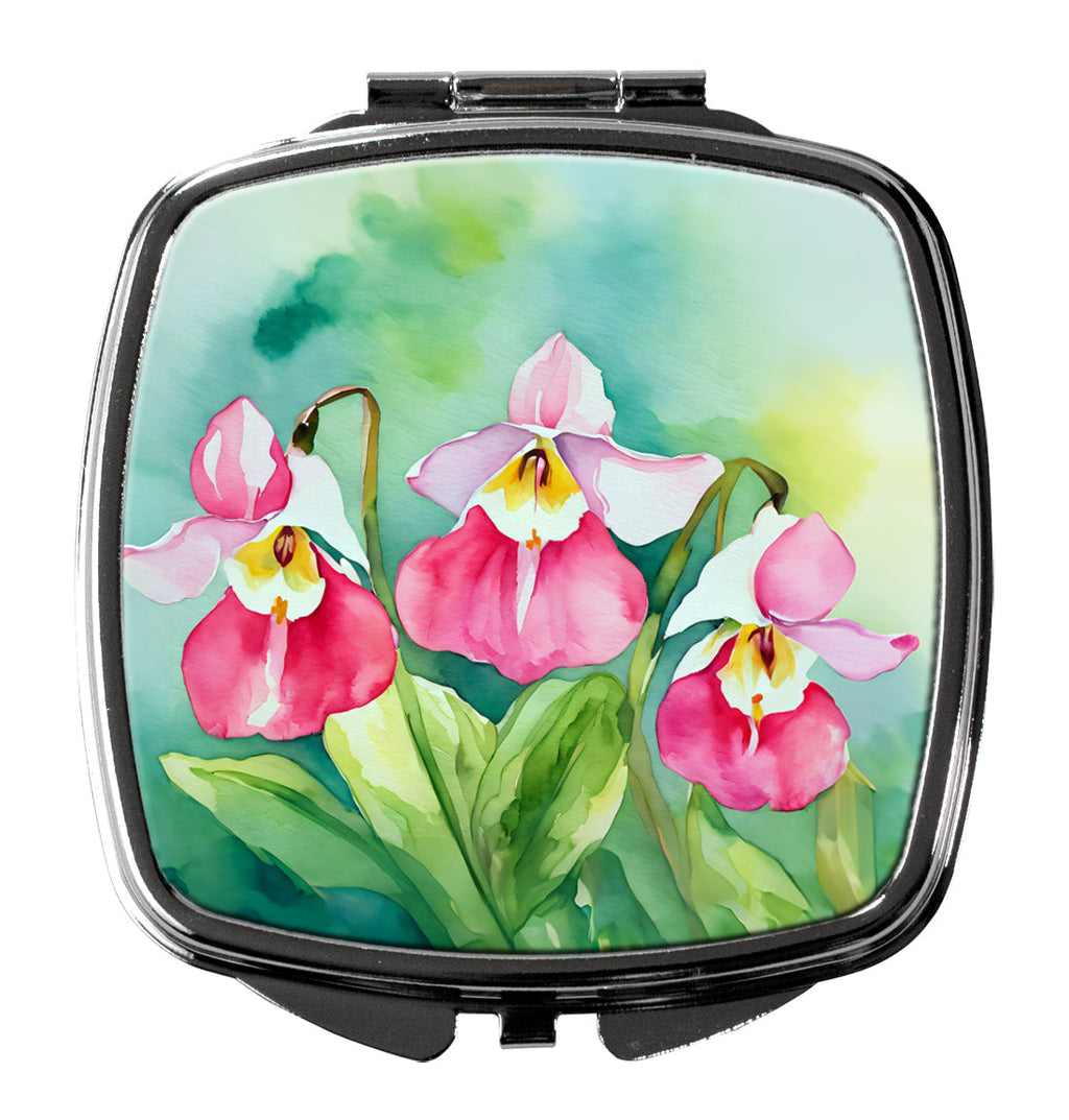 Minnesota Pink and White Lady’s Slippers in Watercolor Compact Mirror Decorative Travel Makeup Mirror for Women Girls Gifts Pocket Makeup Mirror Folding Handheld