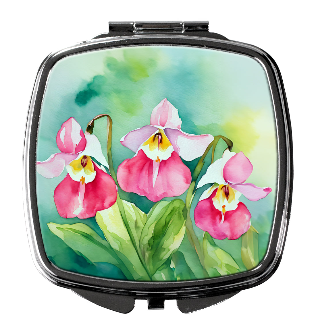 Minnesota Pink and White Lady’s Slippers in Watercolor Compact Mirror Decorative Travel Makeup Mirror for Women Girls Gifts Pocket Makeup Mirror Folding Handheld