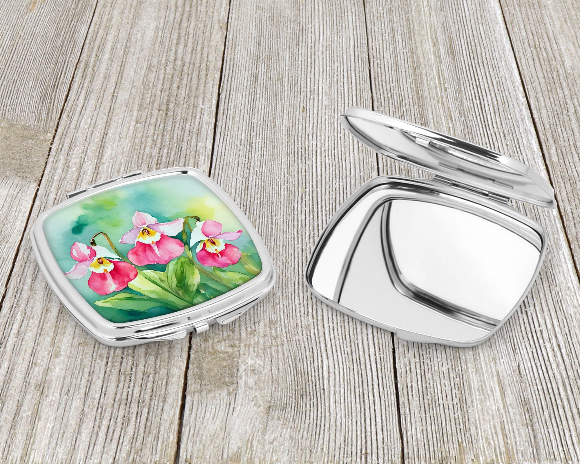 Minnesota Pink and White Lady’s Slippers in Watercolor Compact Mirror Decorative Travel Makeup Mirror for Women Girls Gifts Pocket Makeup Mirror Folding Handheld