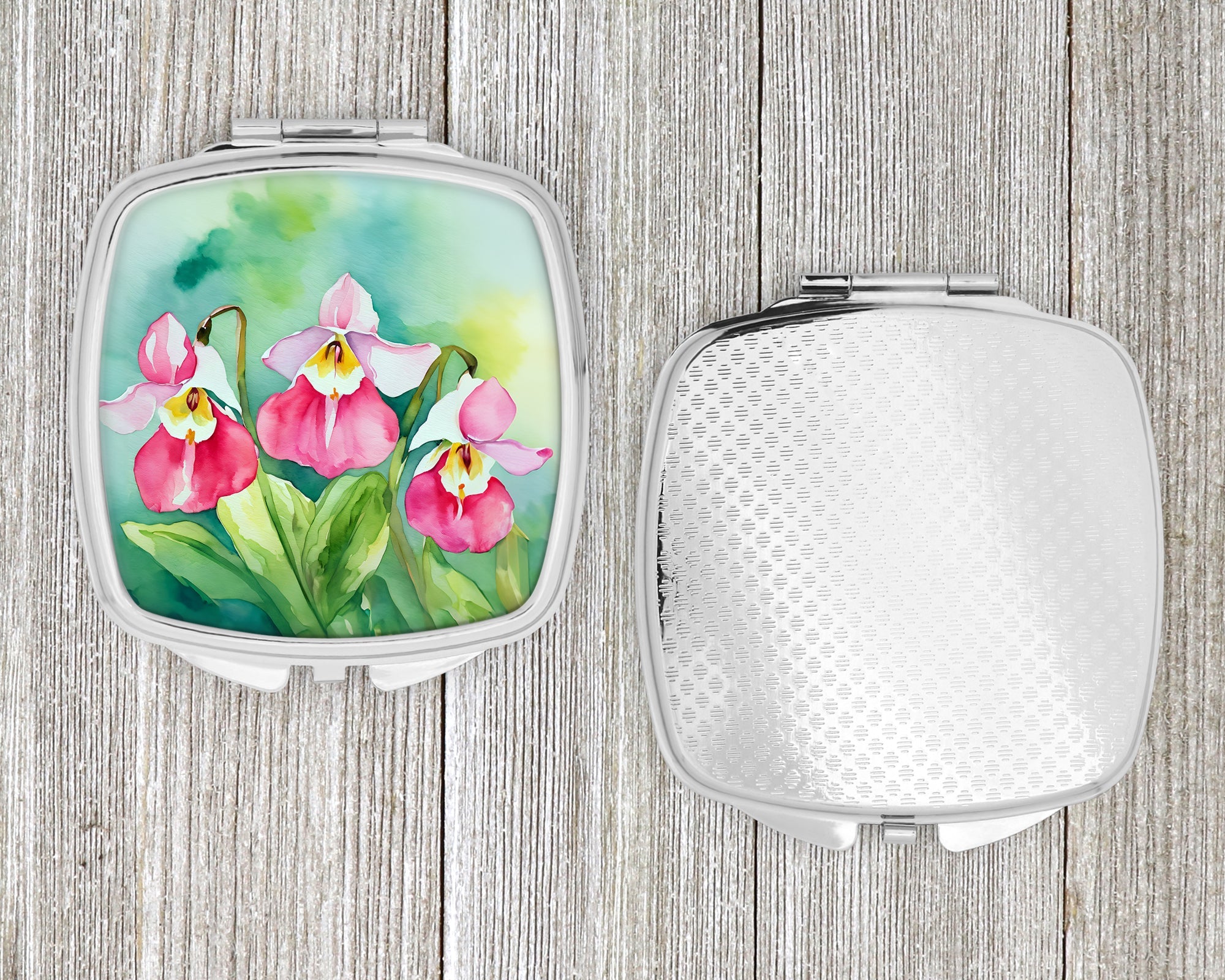 Minnesota Pink and White Lady’s Slippers in Watercolor Compact Mirror Decorative Travel Makeup Mirror for Women Girls Gifts Pocket Makeup Mirror Folding Handheld