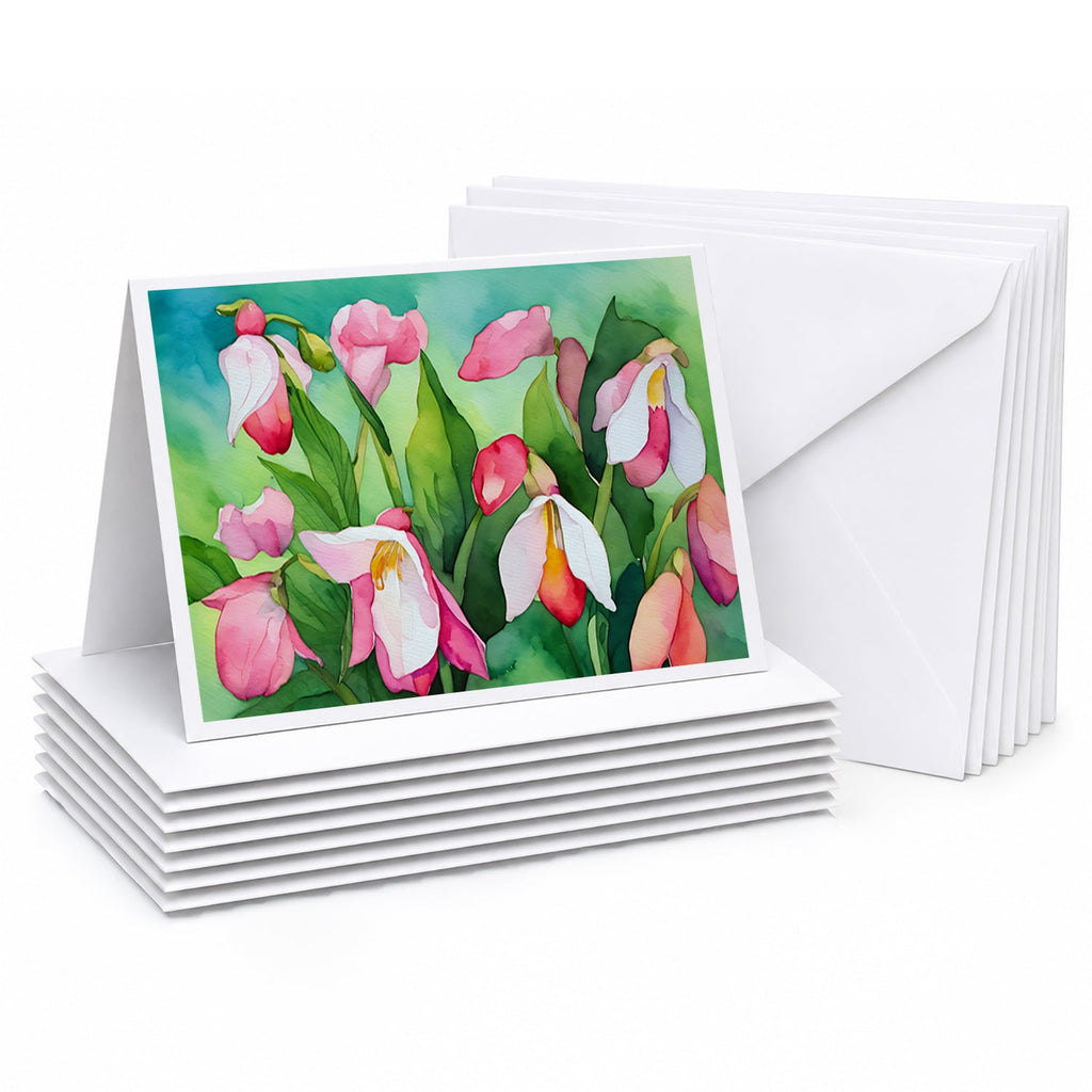 Minnesota Pink and White Lady’s Slippers in Watercolor Greeting Cards Pack of 8 Blank Cards with Envelopes Whimsical A7 Size 5x7