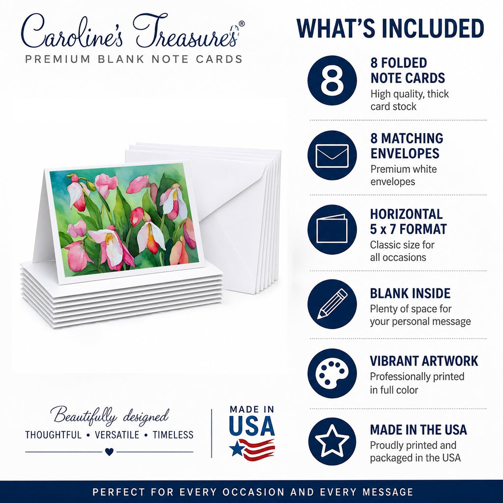 Minnesota Pink and White Lady’s Slippers in Watercolor Greeting Cards Pack of 8 Blank Cards with Envelopes Whimsical A7 Size 5x7