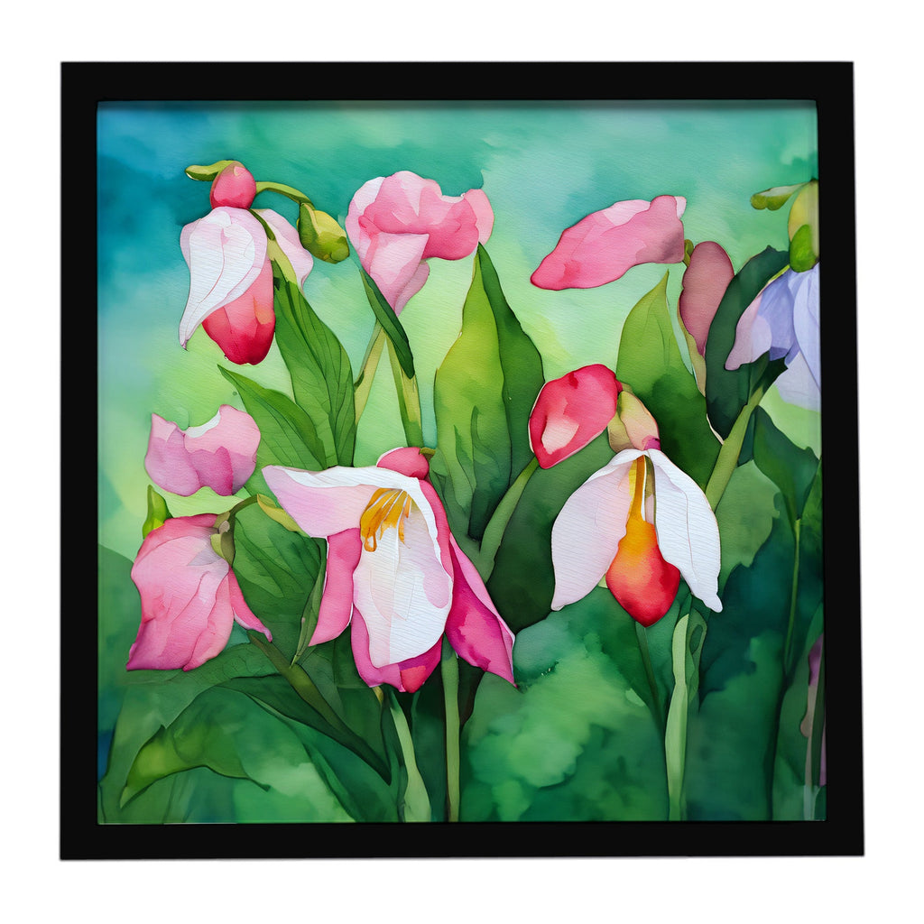 Minnesota Pink and White Lady’s Slippers in Watercolor Framed Metal Print Bathroom, Kitchen, Office, Home Decor Wall Art Ready to Hang, Square, 8X8