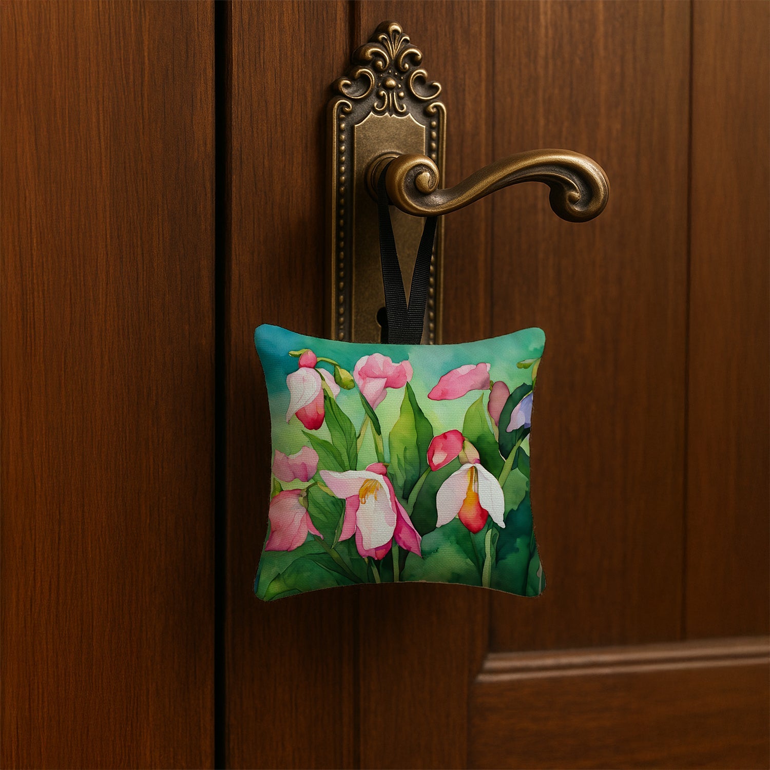 Minnesota Pink and White Lady’s Slippers in Watercolor Hanging Square Fabric Ornament 3.5 × 3.5 Decorative Door-Knob & Tree Hanger, Soft Fabric